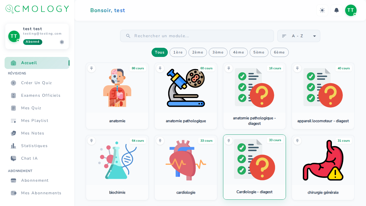 Page d'accueil Qcmology — grille de modules avec barre de recherche