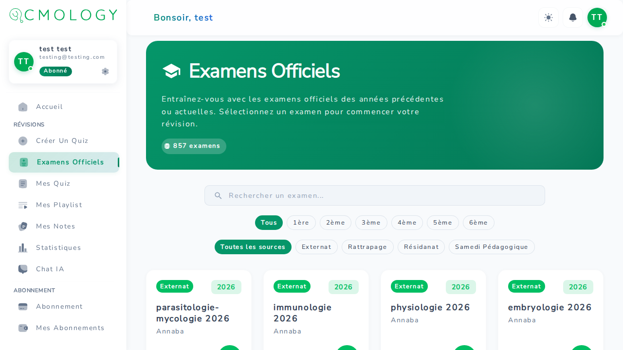Page Examens Officiels — catalogue avec filtres et cartes d'examens