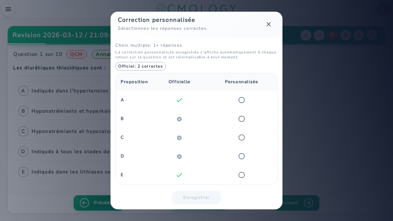 Dialogue de correction personnalisée avec cases à cocher A-E