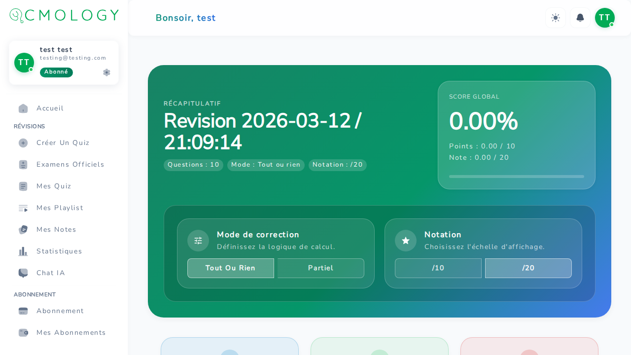 Récapitulatif du quiz — score, répartition des réponses et options de rejeu