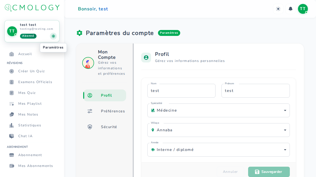 Onglet Profil dans Paramètres — nom, spécialité, faculté et année